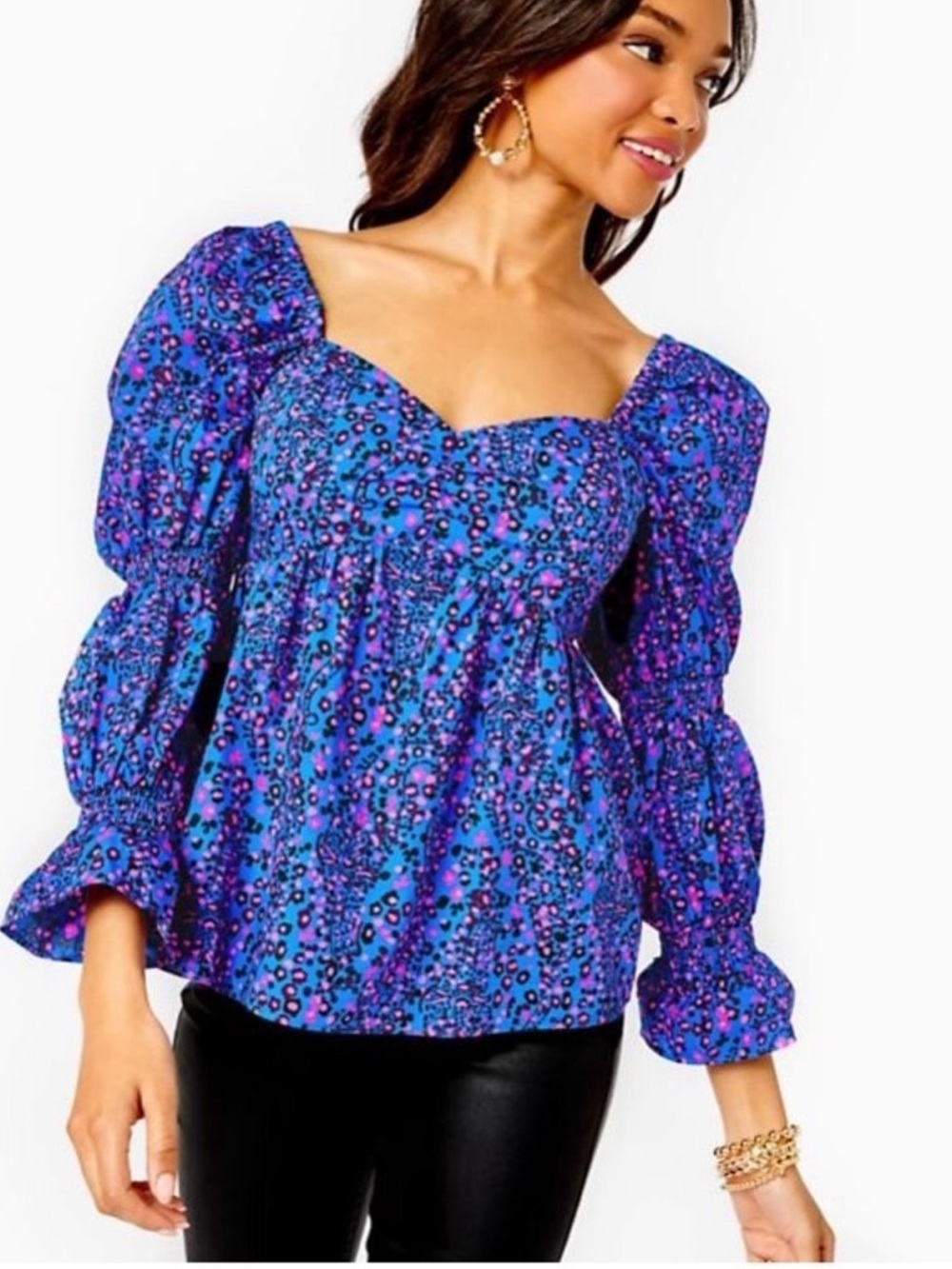 Purple Blue Floral Puff-Sleeve Women's Top